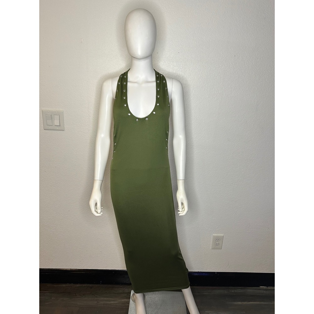 SHEIN Olive Green Grommet Detail Racerback Bodycon Maxi Dress